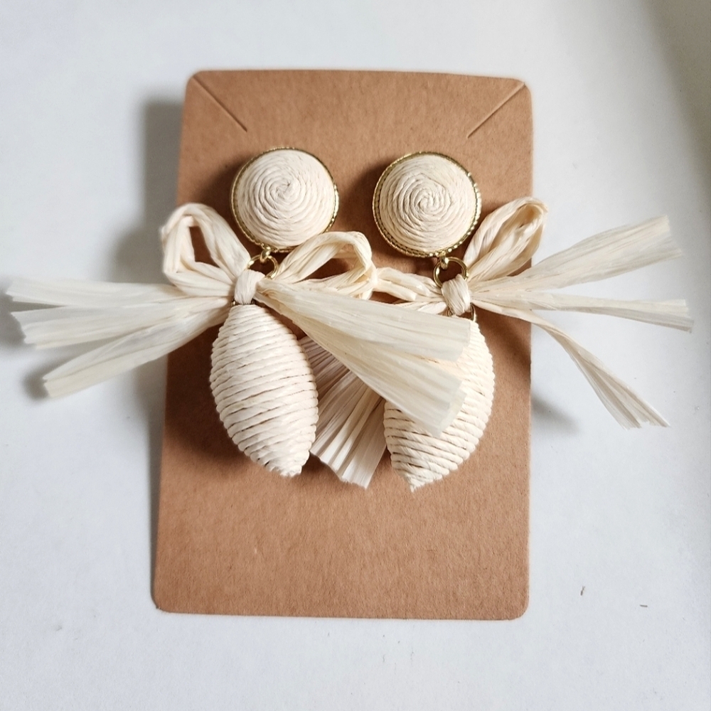 Cream Woven Paper Bow Drop Earrings Resort Statement OS